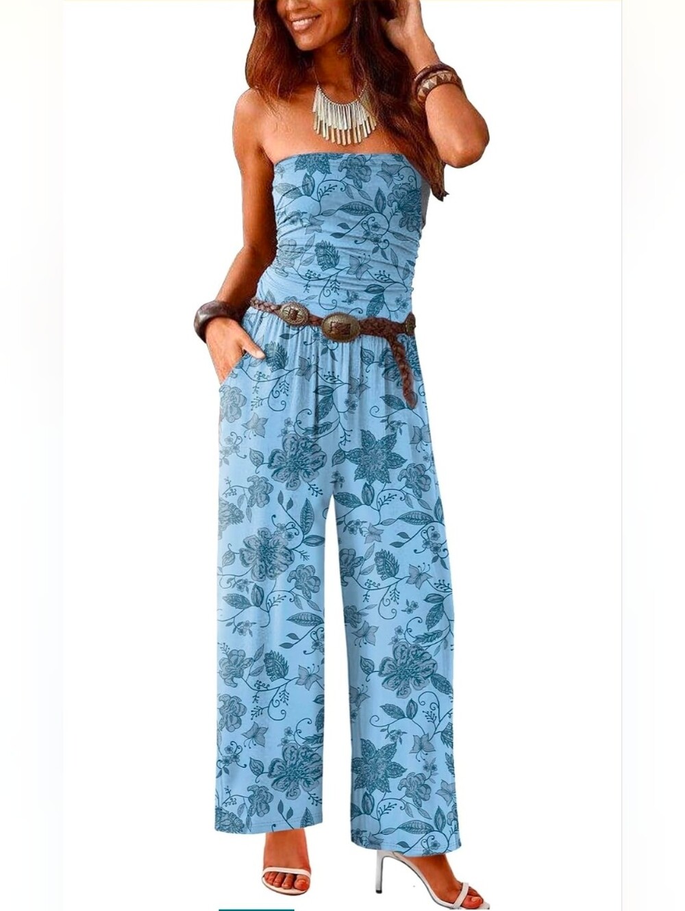 Strapless Floral Wide-Leg Jumpsuit in Light Blue Without Belt.